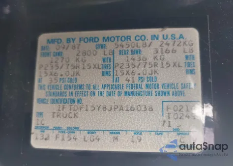 1988 Ford F150 from USA, damaged, VIN 1FTDF15Y8JPA16038